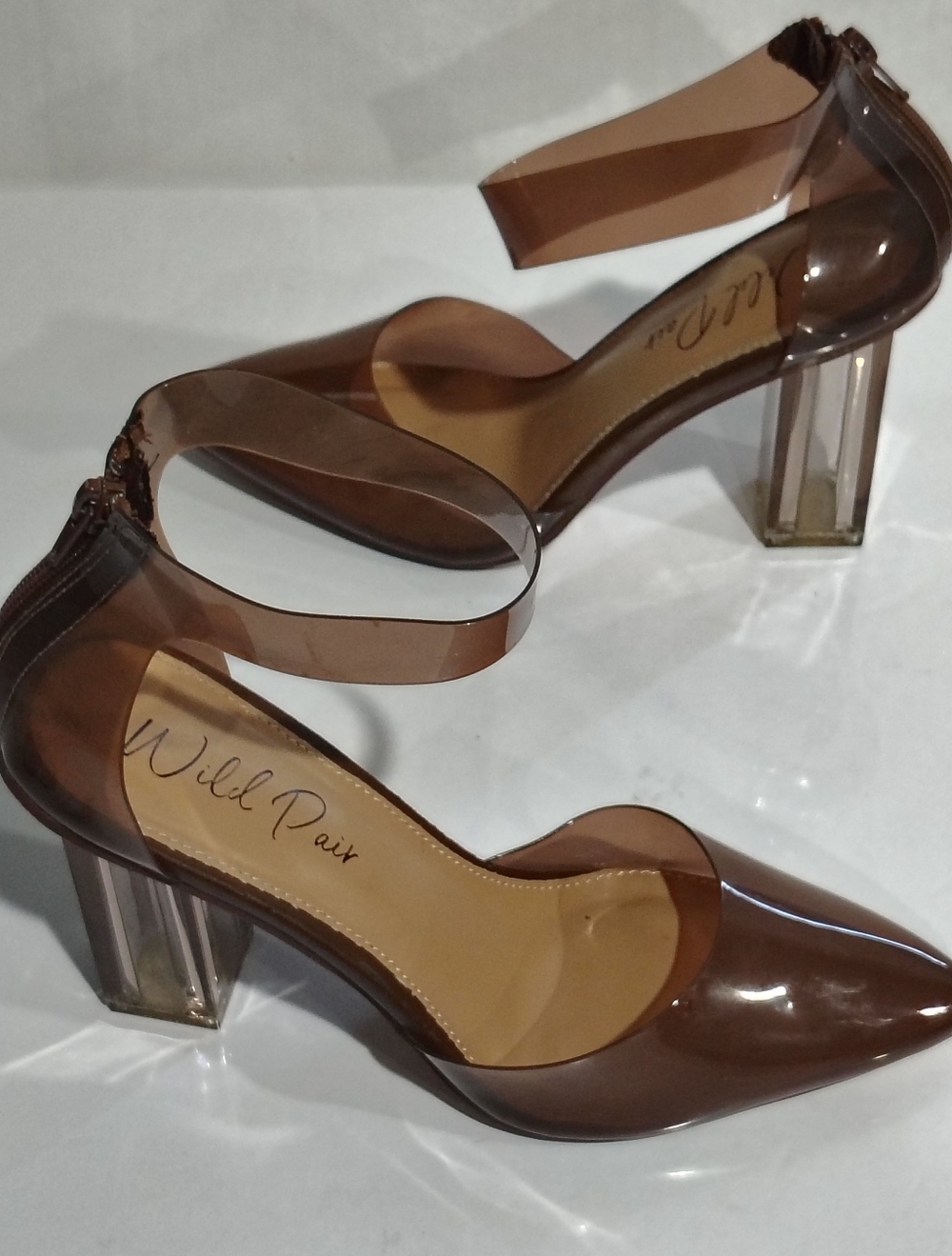 Wild Pair Women's Brown Clear Block Heel Ankle-Strap Pumps Size 9M